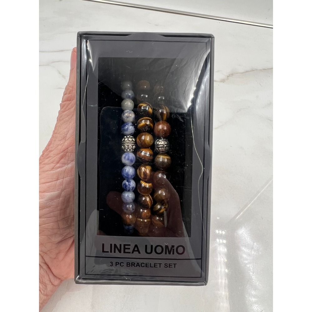 Linea Uomo Men's 3 PC Beaded Bracelet Set Tigers Eye Blue Sodalite Gift